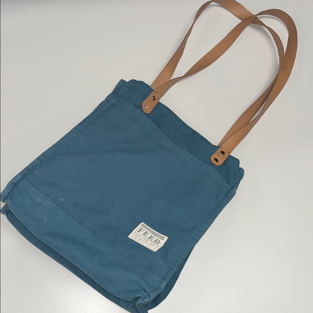 FEED Teal Blue Tote Bag with Tan Straps